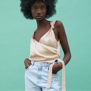 Zara Gold Satin Effect Wrap Criss-Cross V Neck Cropped Blouse